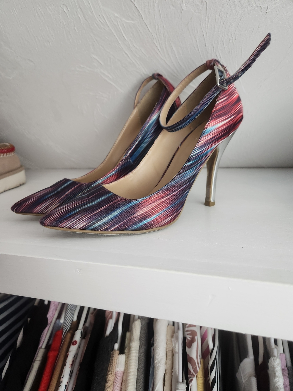 Shoe Dazzle Multicolor Striped Pointed Toe Ankle Strap Heels